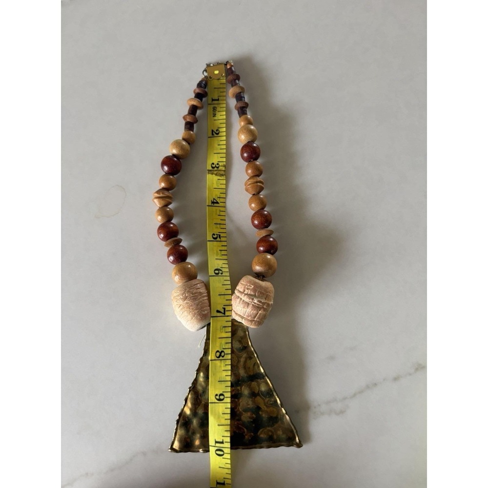 Vintage Chunky Wood Bead Necklace Hammered Brass LG Pendant Boho Statement 10" - Picture 5 of 7